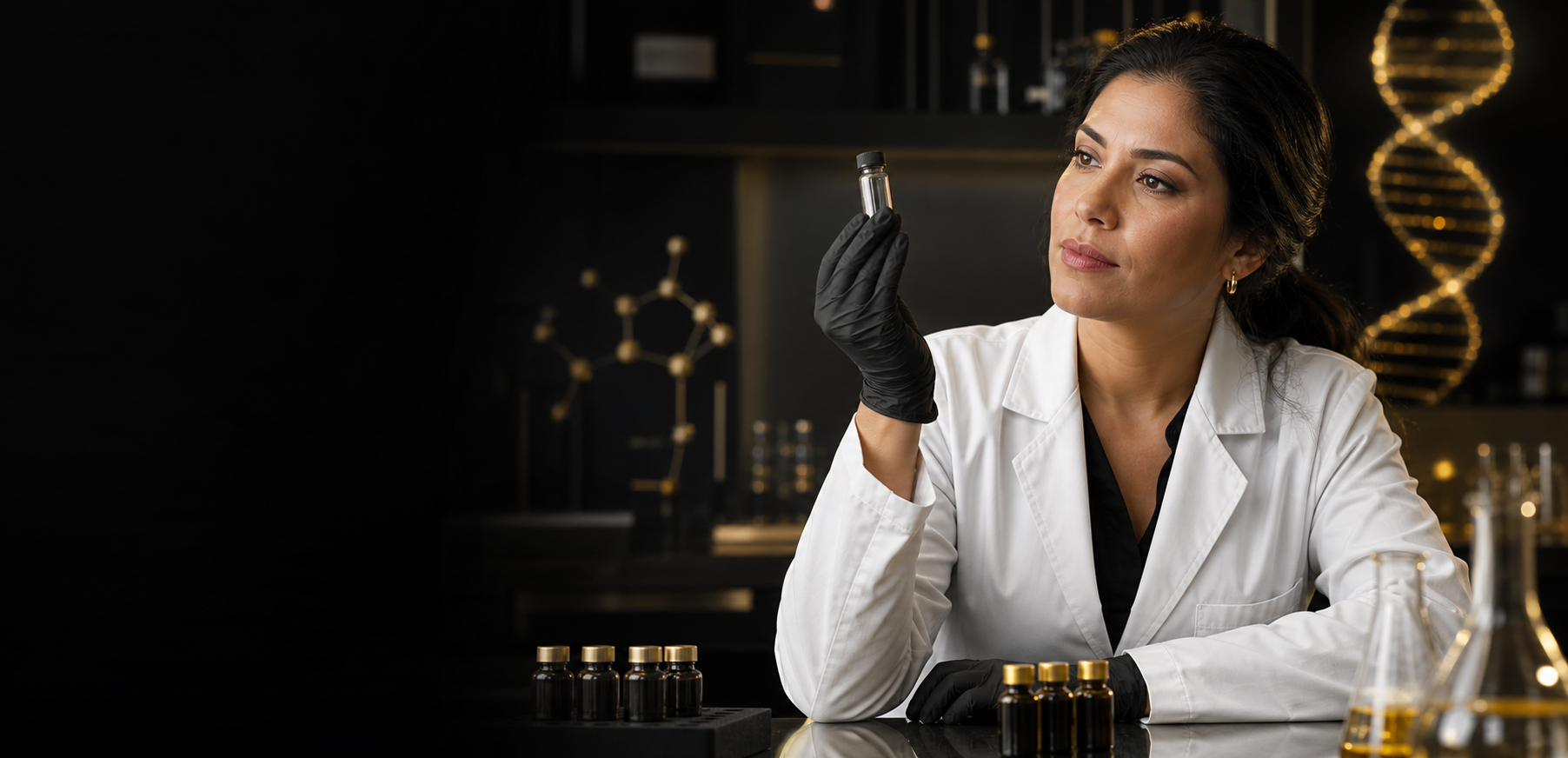 Profesional de laboratorio examinando un vial